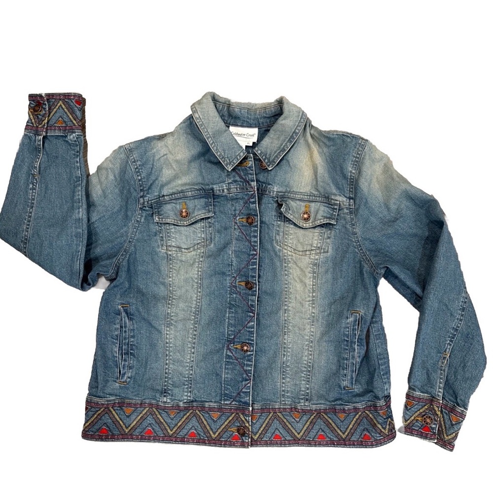 Coldwater Creek Petite Large Aztec Southwest Womens Embroidered Denim Jacket